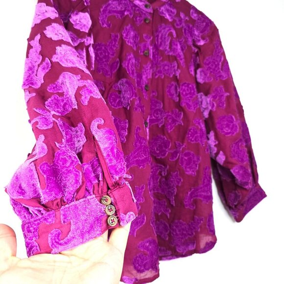 Anthropologie Pilcro Velvet Appliqué Blouse Boho Chic Plum Purple Button Front - Picture 7 of 10